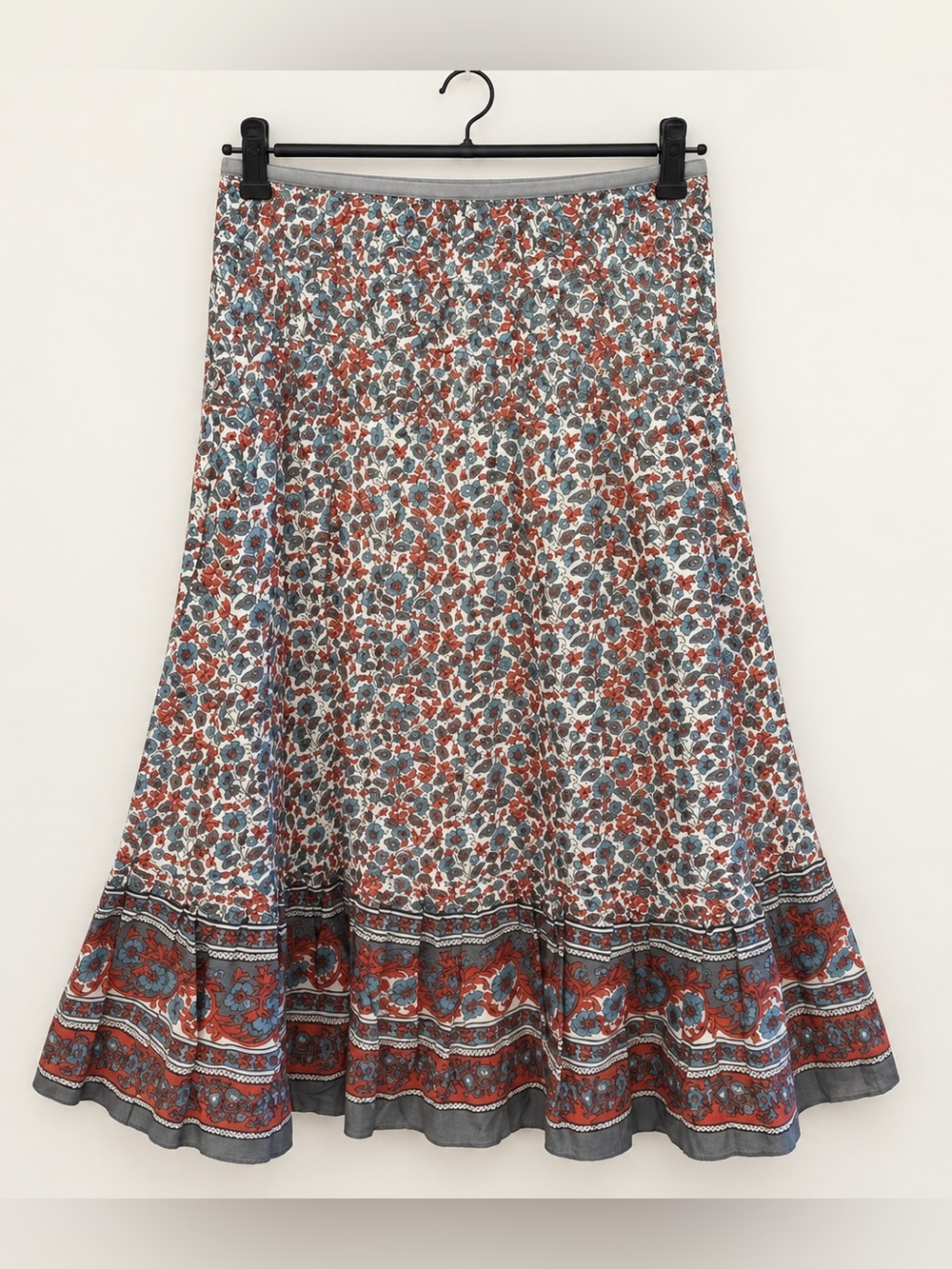 Chaudry KC Blue Red Floral Placement Print Smocked Side Zip Skirt NWT #1081